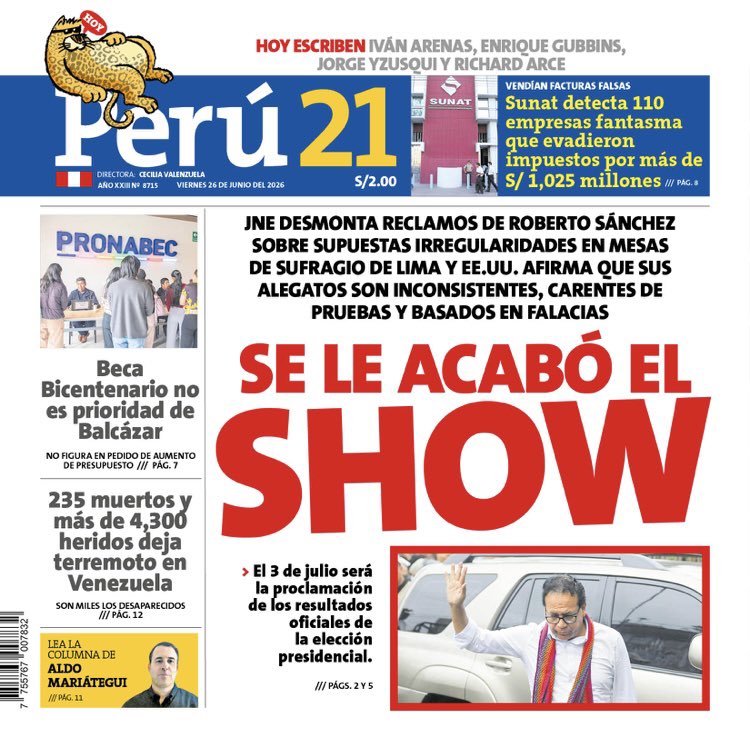 peru21noticias's tweet photo. 🗞 SE ACABÓ EL SHOW 

📲 Esta es la edición de hoy. Toda la información completa en nuestro ePaper: https://t.co/7fuLHK6apZ https://t.co/oA7mwj88Hp