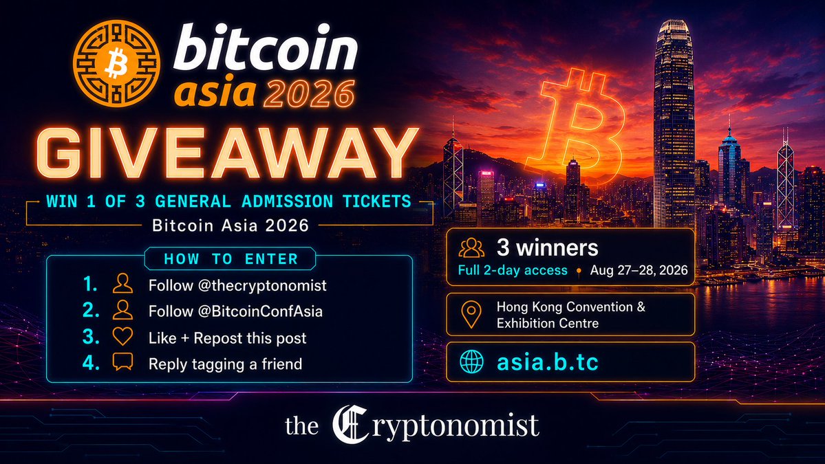 Cryptonomist_en's tweet photo. 🎟 GIVEAWAY — Win a ticket to Bitcoin Asia 2026!

The Cryptonomist is giving away 3 General Admission tickets to Bitcoin Asia 2026, taking place on August 27–28, 2026 in Hong Kong.

Each General Admission ticket includes:

✅ Full 2-day access on August 27–28
✅ Access to Main Stage and Side Stage sessions
✅ Entry to the Expo Hall
✅ Access to the Art Gallery, featuring Asia’s largest Bitcoin digital art showcase
✅ Use of the official event app to explore the agenda and plan your event experience
How to enter:
1️⃣ Follow @cryptonomist_en @Bitcoinconfasia
2️⃣ Like this post
3️⃣ Comment and tag someone you would bring to Bitcoin Asia
4️⃣ Share this post @Cryptonomist_en and @Bitcoinconfasia
🏆 3 winners will be selected.
📍 Hong Kong Convention & Exhibition Centre
🇭🇰 Hong Kong
🗓 August 27–28, 2026
Good luck! ⚡

#BitcoinAsia #BitcoinAsia2026 #Bitcoin #BTC #Giveaway #CryptoEvents #HongKong #TheCryptonomist