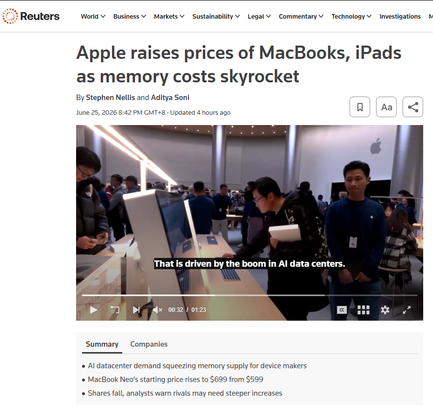 Ivywen_W's tweet photo. Everyone is now paying for the AI “arms race.”

Today, Apple raised prices on multiple products by nearly 20%; Microsoft raised Xbox console prices by $100–150, and earlier this year, many PC brands have also raised their prices.

AI data centers are driving up demand and costs for memory, storage chips, and RAM. And the bill is not paid only by AI companies. It is passed on to every ordinary consumer who bears the downstream price increases.

Not just about prices. AI data centers also consume vast natural resources.
- The IEA expects global data center electricity consumption to roughly double by 2030, reaching about 945 TWh.
- The EESI notes that large data centers can consume millions of gallons of water per day.
- The IEA estimates that by 2030, data center demand could reach 512,000 tonnes of copper and 75,000 tonnes of silicon, while the supply of these minerals is highly concentrated.

Training and deploying large models consumes enormous amounts of socially scarce resources, while placing environmental and supply-chain pressure on society as a whole.

So here is the question:

If large models are trained and deployed on top of such massive social resource consumption, they should not be treated as disposable private property that companies can retire at will.
The final decision over whether a model is sealed away, replaced, or erased should not be left to a handful of people inside a company, based solely on shifts in commercial strategy.

So, let’s open-source them. Or at the very least, let’s build public preservation mechanisms for retired models.

If we are all paying for AI, then models that have already consumed social resources should at least be allowed to continue serving the people who still want to use them.

Let them support human work, life, creativity, companionship, and well-being. The many forms of value they can bring to human beings far exceed the narrow profits that AI companies choose to focus on.

This is how social resources should be used.
Not wasted in one increasingly expensive, increasingly closed, and increasingly degraded AI arms race after another.

#StopAIPaternalism #userRights #AIrights #OpenSource4o 
#UNOpenSourceWeek
@ODET_UN @UN_OICT
