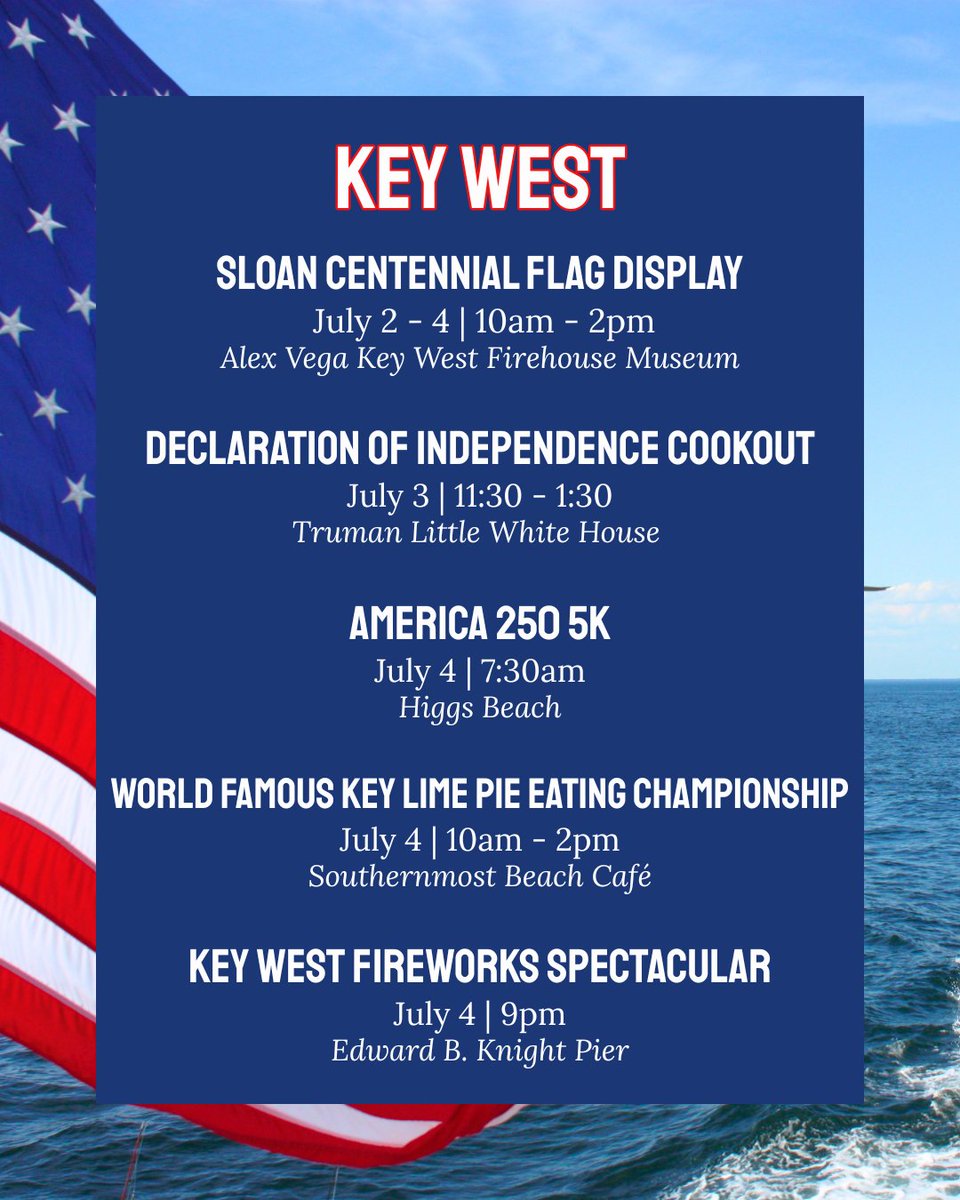 thefloridakeys's tweet photo. 🇺🇸 Celebrate 250 years of America - island style!

Join us throughout the Florida Keys as we honor our nation's milestone with historic stories, patriotic displays, local events, and more.

For the full schedule of events: https://t.co/AB4Ilq02zF https://t.co/mSO7JMvvim