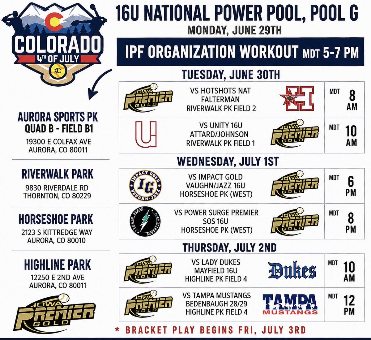 JaelynnWilhelm's tweet photo. @IowaPremierFP headed to @triplecrownspts Colorado 4th of July Tournament! Should be a blast!💥 @VYPEOK @LineDsoftball @softballamerica
@ExtraInningSB @LadyPioneers1 @tagupSoftball @IPF_James5 @PaigeShannonIPF https://t.co/hfdfyjinD8