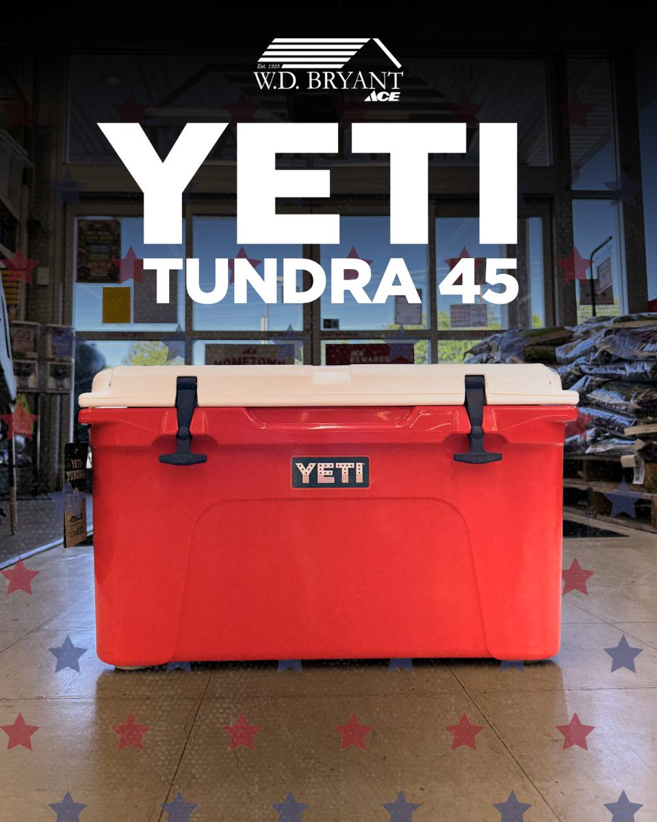 wdbsons2's tweet photo. Keep all your drinks cool while repping the RED, WHITE, and BLUE! The YETI TUNDRA 45 holds up to 54 CANS and 37LB of ICE! We've got it at W.D. Bryant's in the LIMITED EDITION Summer Anthem colorway, so stop by and take it home today! https://t.co/9cOWatRkl3
