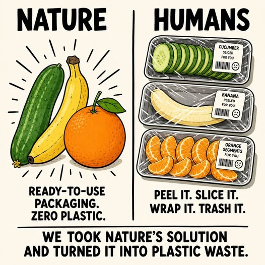 tiger26931's tweet photo. Nature: “Here, I made fruit with perfect biodegradable packaging.”
Humans: “Nice… but what if we peel it, slice it, put it in a plastic tray, wrap it in more plastic, add a barcode, and then call it convenience?”
We just added waste.
 Nature already did the packaging for us https://t.co/o9AZe5VKSY
