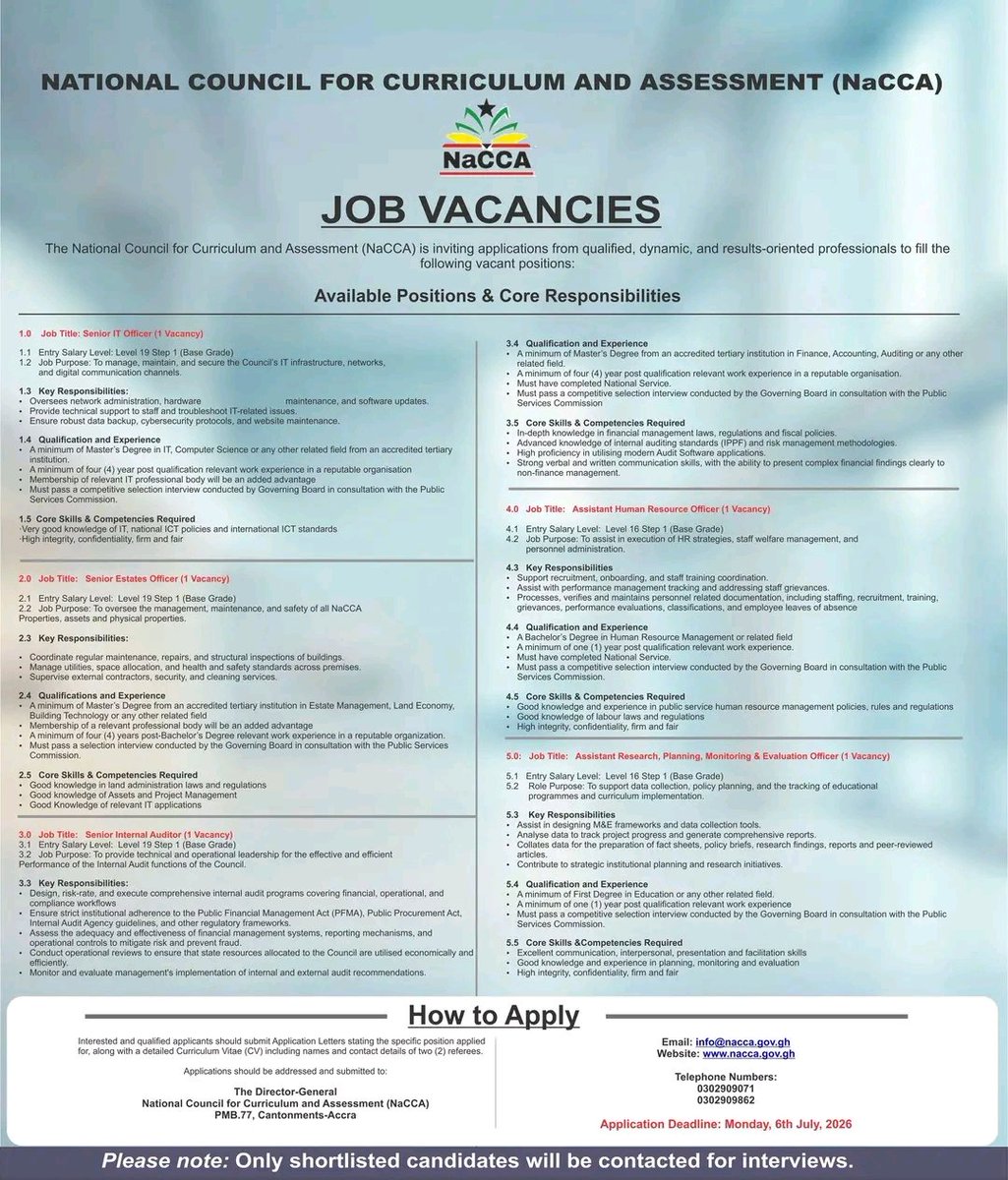Binnddii's tweet photo. #Hiring 

The National Council for Curriculum and Assessment (NaCCA) is hiring:

✅️ Senior IT Officer
✅️ Senior Estates Officer 
✅️ Senior Internal Auditor 
✅️ Assistant Human Resource Officer
✅️ Assistant Research, Planning, Monitoring &amp; Evaluation Officer 

#GhanaJobs https://t.co/upjUWBJvJy