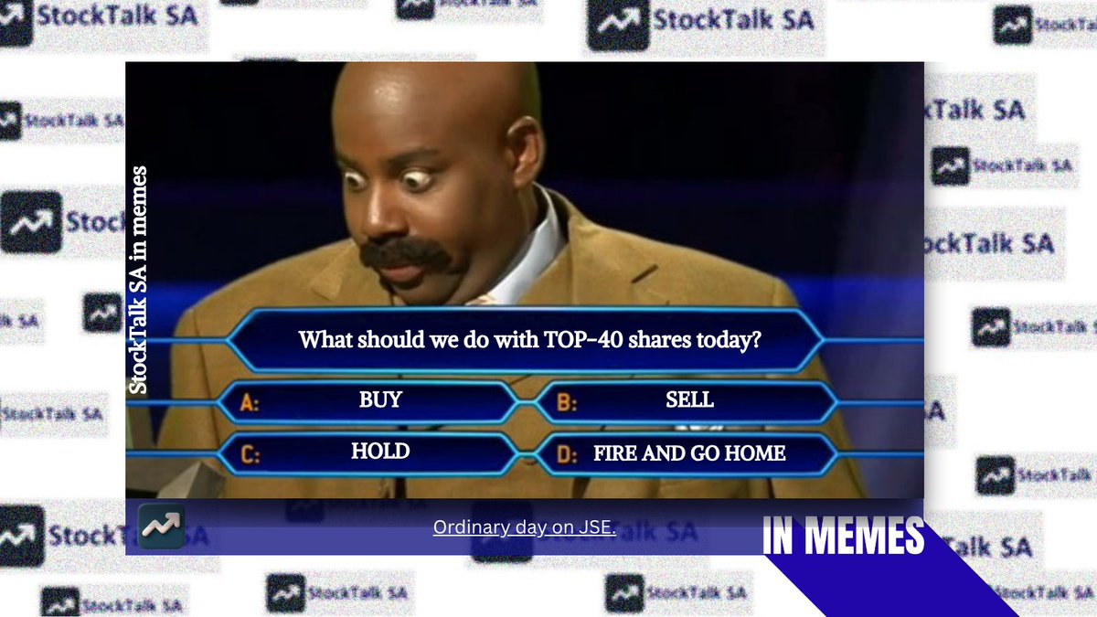 StockTalkSA's tweet photo. A typical trading day on the stock exchange feels like playing "Who Wants to Be a Millionaire?".

Fortunately, when trying to find the right solution, instead of just calling a friend and taking a 50/50 bet, there's now the option to "Discuss with StockTalkSA investor community."
#JSE #StockTalkSA #stocktrading #forexmeme