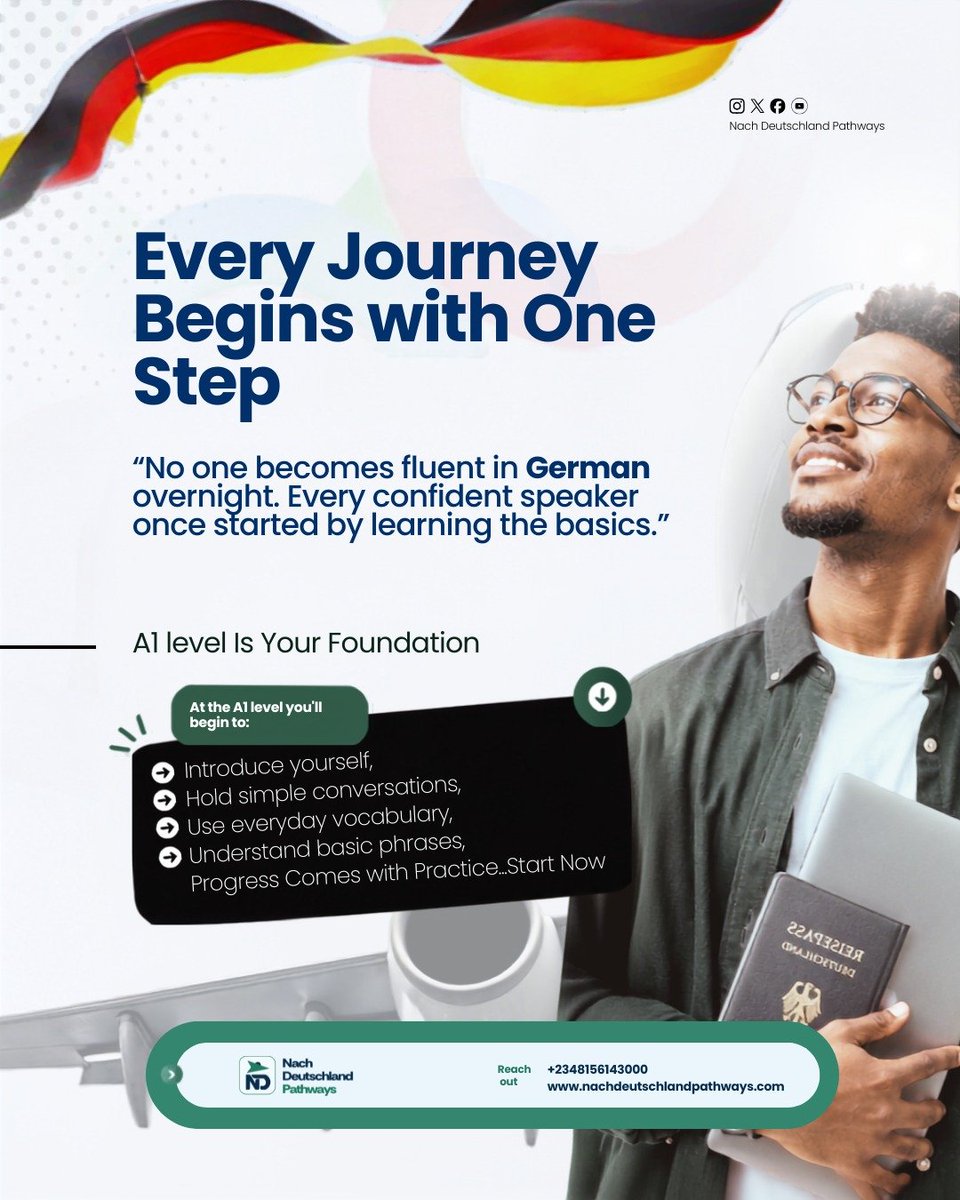 NDPathways01's tweet photo. Every fluent German speaker started exactly where every beginner starts; at A1.

Learning a new language takes time, patience, &amp; consistent practice. Don't compare your Chapter 1 to someone else's Chapter 20. Focus on improving one lesson, one word, &amp; one conversation at a time. https://t.co/xWVkW2sBNE