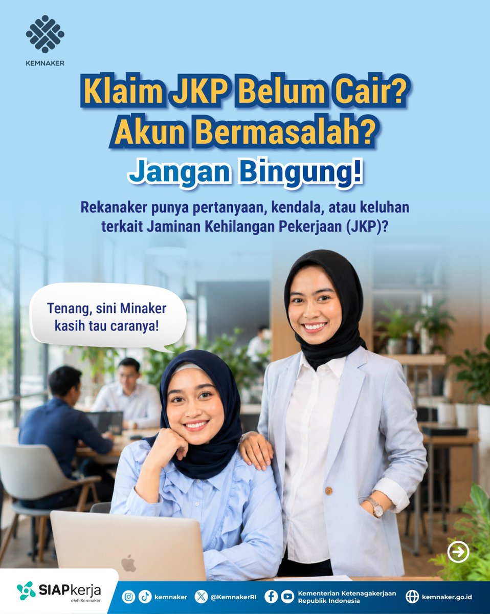 KemnakerRI's tweet photo. Ada kendala klaim JKP?

Tenang, kamu bisa menyampaikannya lewat HaloJKP.

Cek caranya di infografik ini dan simpan kalau sewaktu-waktu dibutuhkan! 

#Kemnaker #JKP #JaminanKehilanganPekerjaan https://t.co/0I1mv1G0eg