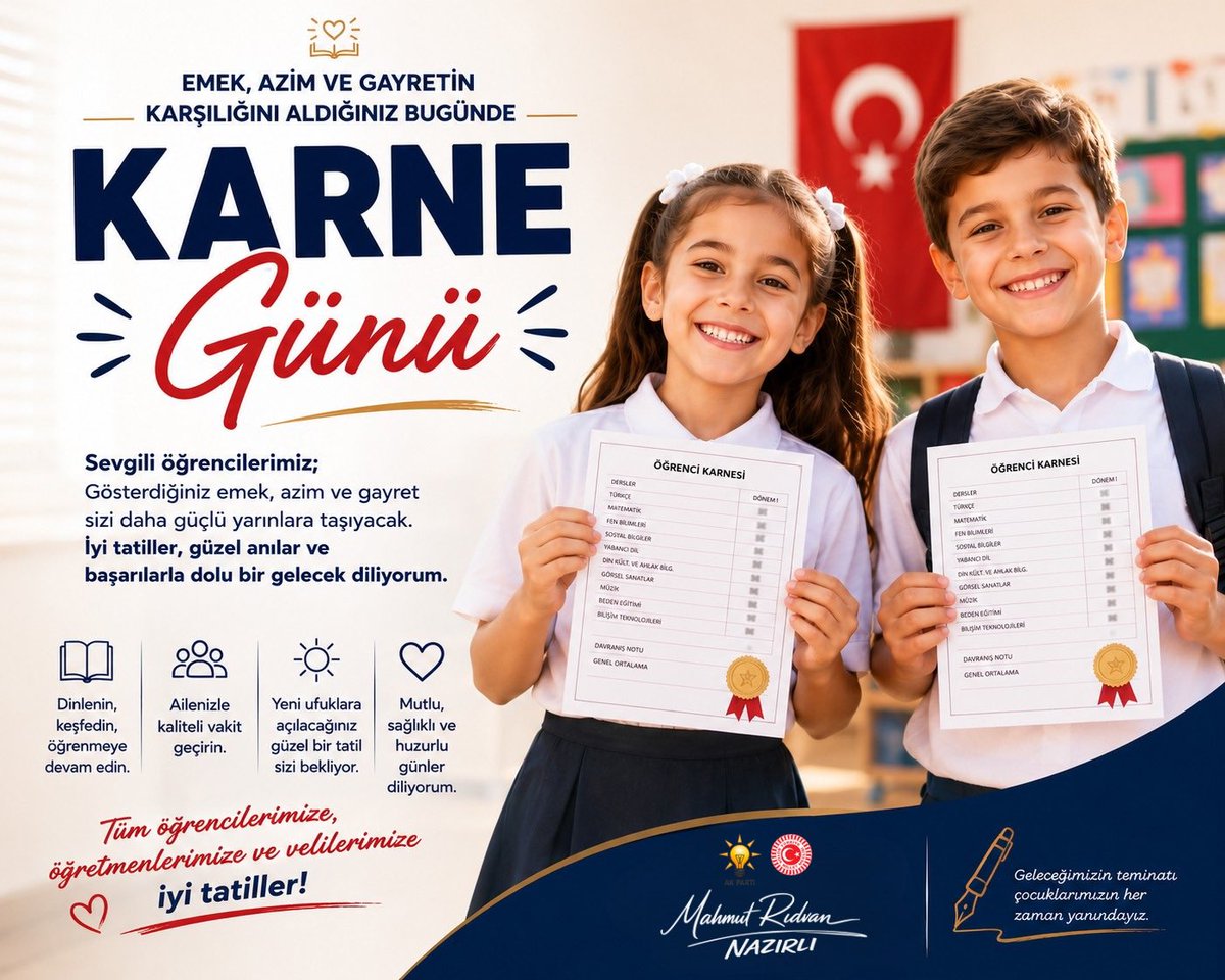 mahmutnazirli's tweet photo. Sevgili grencilerimiz;
Gösterdiğiniz emek, azim ve gayret sizi daha güçlü yarınlara taşıyacak.

İyi tatiller, güzel anılar ve başarılarla dolu bir gelecek diliyorum. https://t.co/Bufi4BVvvC