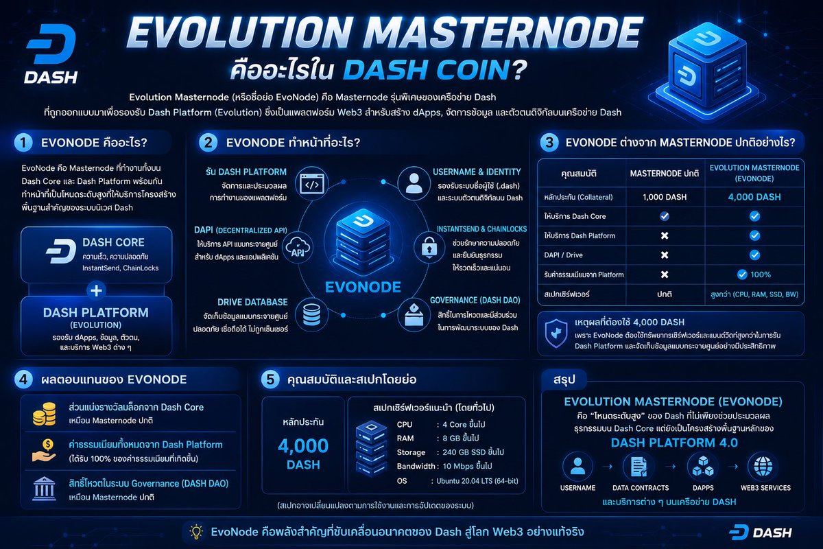 DashThailandOFC's tweet photo. 🚀 Evolution Masternode (EvoNode) คืออะไร?
Evolution Masternode หรือ EvoNode คือ Masternode รุ่นใหม่ของเครือข่าย Dash ที่รองรับ Dash Platform สำหรับการพัฒนา Web3, dApps, Decentralized Identity (Username), Data Contracts และ DAPI
@Dashpay #Dash #DashPay #DashThailand https://t.co/OKbZqc4vlS