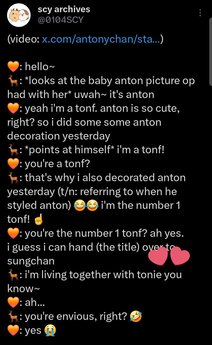 spiccaton's tweet photo. syongton kenapa nyebelin bgt 😭😭
sungchan "aku tinggal bareng anton, kamu iri kan"
anton "aku bisa loh liat selfie sungchan hyung yg ga blur"

ATUR AJA ATUR https://t.co/FcLzBjGTBT