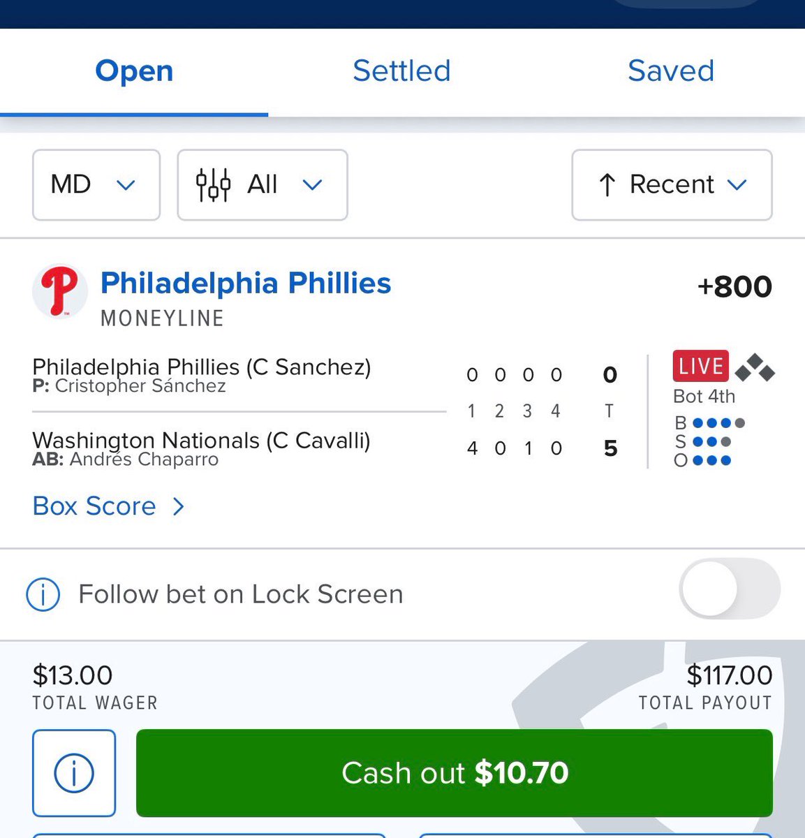 Ramseur2040's tweet photo. @JunksRadio 

This is what it has come to. Live betting the Phillies down 5-0. WINNER WINNER CHICKEN DINNER https://t.co/V6aCKojo4t