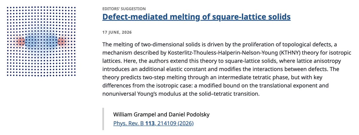 PhysRevB's tweet photo. PRB Editors' Suggestion: Defect-mediated #melting of square-lattice solids

William Grampel and Daniel Podolsky
Phys. Rev. B 113, 214109

➡️ https://t.co/XBfhTBMNP1
#EdSugg @APSPhysics #physics #condmat https://t.co/v1W5wLKDn7