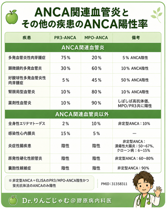Drapplejam's tweet photo. ［医療者向け］
🍏ANCA関連血管炎とその他の疾患のANCA陽性率🍏

ANCAが陰性でも血管炎は否定できず
ANCAが陽性でも血管炎とは限らず

非常に難しいですが
一度目を通していただくと役に立つかもしれません😊 https://t.co/I49eVZpL1O
