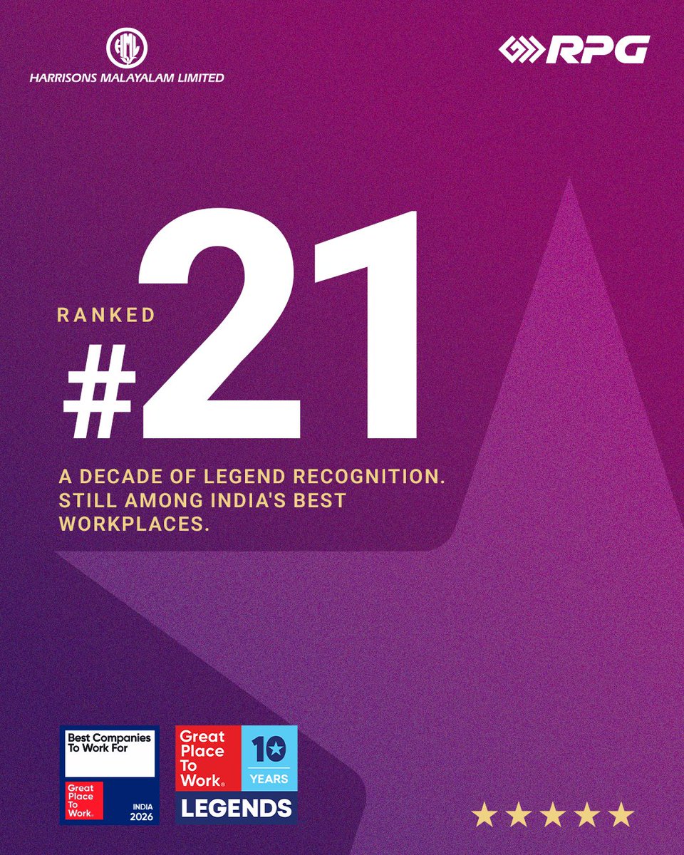 RPGEnterprises's tweet photo. Congratulations to @Zensar & #HarrisonsMalayalam on being recognised among India's Best Companies to Work For 2026 by @GPTW_India.
Zensar ranked #6 across industries, while HML ranked #21 & earned 10 years of Legend recognition.
#HelloHappiness #GreatPlaceToGrow #ThisIsRPG https://t.co/VO6UgVHWv3