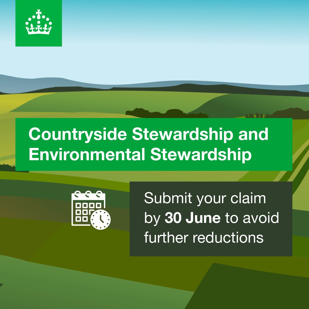Ruralpay's tweet photo. You have until 11.59pm 30 June 2026 to submit your #CountrysideStewardship or #EnvironmentalStewardship 2026 revenue claim to avoid further reductions.

Read the guidance to find out more 👇 
https://t.co/d2Xn3VAaYD... https://t.co/eeFP47VCvg