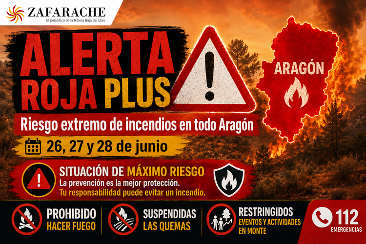 zafarache's tweet photo. 🔥 Alerta Roja Plus en Aragón por riesgo extremo de incendios (26-28 junio). Prohibidas hogueras y quemas, restringido el acceso a montes.
https://t.co/XCGNBeWcqy
#ComarcaRiberaBajadelEbro https://t.co/mK6pnqvCAG