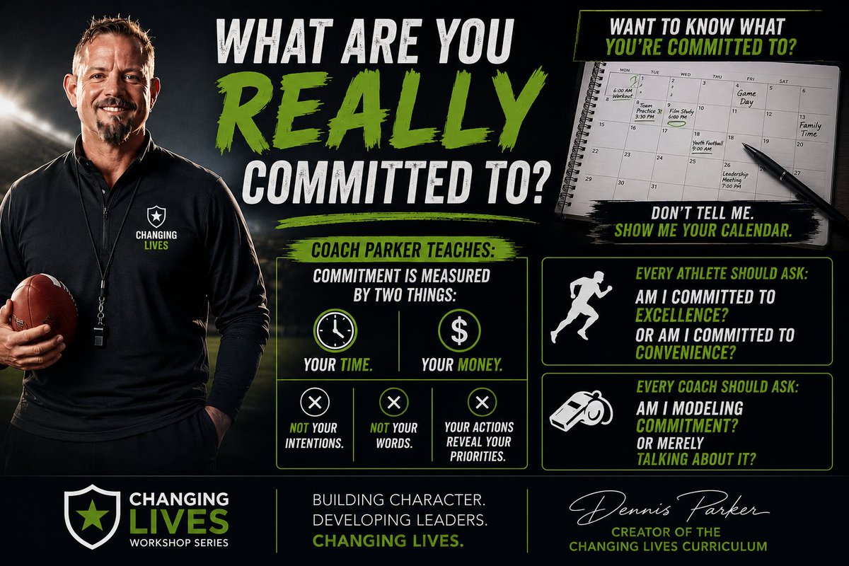 PocketAD_'s tweet photo. Want to know what you're committed to? Don't tell me. Show me your calendar.

Commitment is measured by two things: Your time.⏲️
Your money. 💸 Not your intentions. Not your words. Your actions reveal your priorities.

Every athlete should ask: Am I committed to excellence?
Or am I committed to convenience?

Every coach should ask: Am I modeling commitment?
Or merely talking about it?

#Commitment #Leadership #Athletes #CoachingCulture #WinningHabits