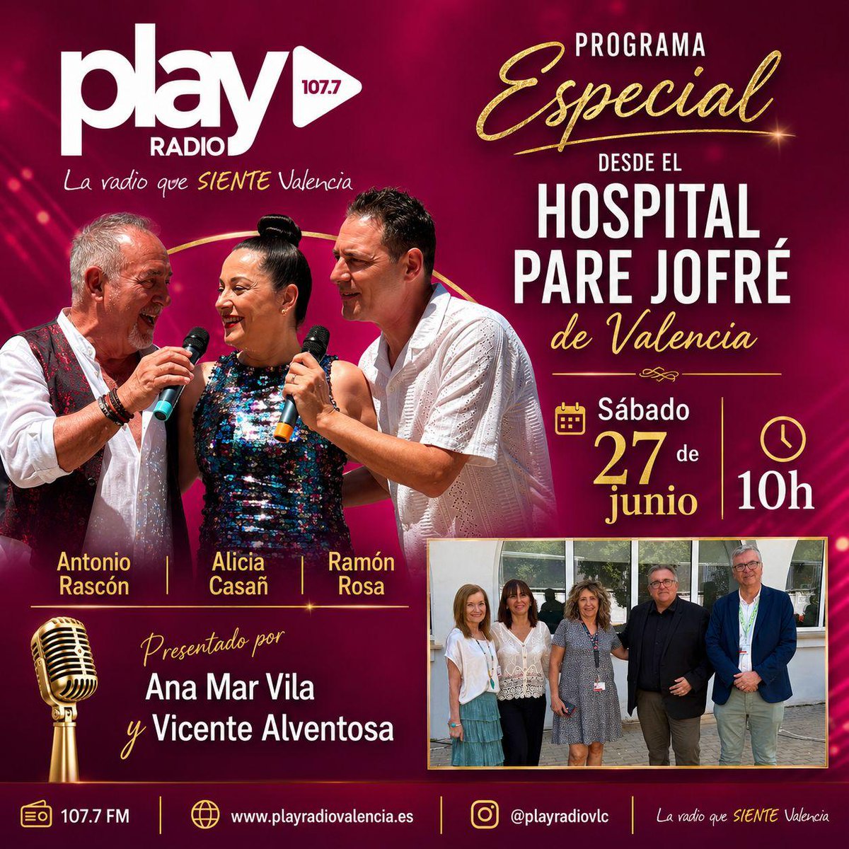 GVAHPareJofre's tweet photo. Play Radio Valencia, emitirá la grabación de la Fiesta de Verano 2026 del Hospital Pare Jofré, el sábado 27 de junio de 2026 a las 10h en la 107.7 https://t.co/L3jBnyCbXm