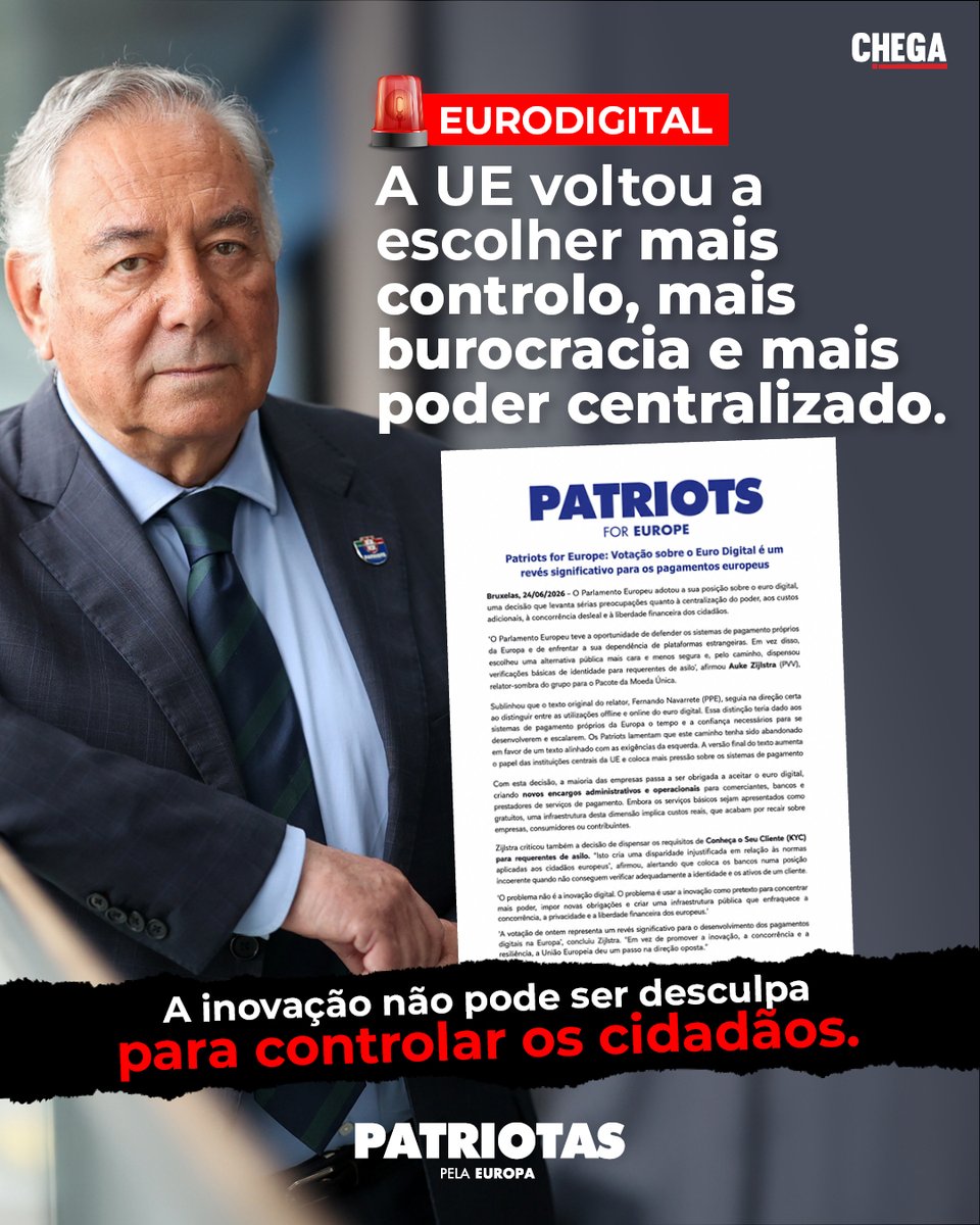 tangercorreamep's tweet photo. 🚨 A União Europeia voltou a escolher mais controlo, mais burocracia e mais poder centralizado.

Com a votação sobre o euro digital, Bruxelas dá mais um passo para impor uma infraestrutura pública que pode pesar sobre empresas, consumidores e contribuintes - enquanto enfraquece a concorrência, a privacidade e a liberdade financeira dos europeus.

A Europa precisava de defender os seus próprios sistemas de pagamento e reduzir dependências externas. Em vez disso, escolheu uma solução mais cara, mais centralizada e com regras desiguais.

A inovação não pode ser desculpa para controlar os cidadãos.

Os PATRIOTAS defendem pagamentos livres, seguros e competitivos.
❌ Menos controlo de Bruxelas.
✅ Mais liberdade financeira para os europeus.

#CHEGA #Patriotas