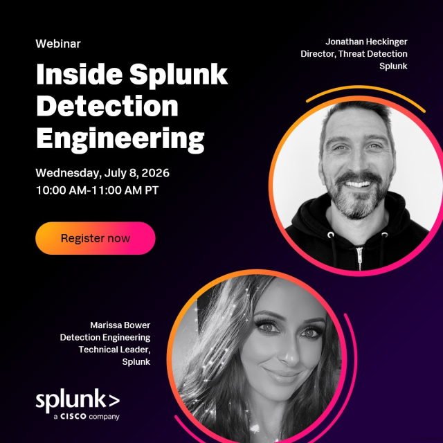 EvalMattP's tweet photo. In this session, the #SplunkSecurity team will share how we build and scale detections. Learn how we use AI to work faster, leverage Risk-Based Alerting to find real threats, and map to MITRE ATT&amp;CK. Get practical tips to improve your program. https://t.co/dBl98R1Yg1 https://t.co/xubAUaIQCC
