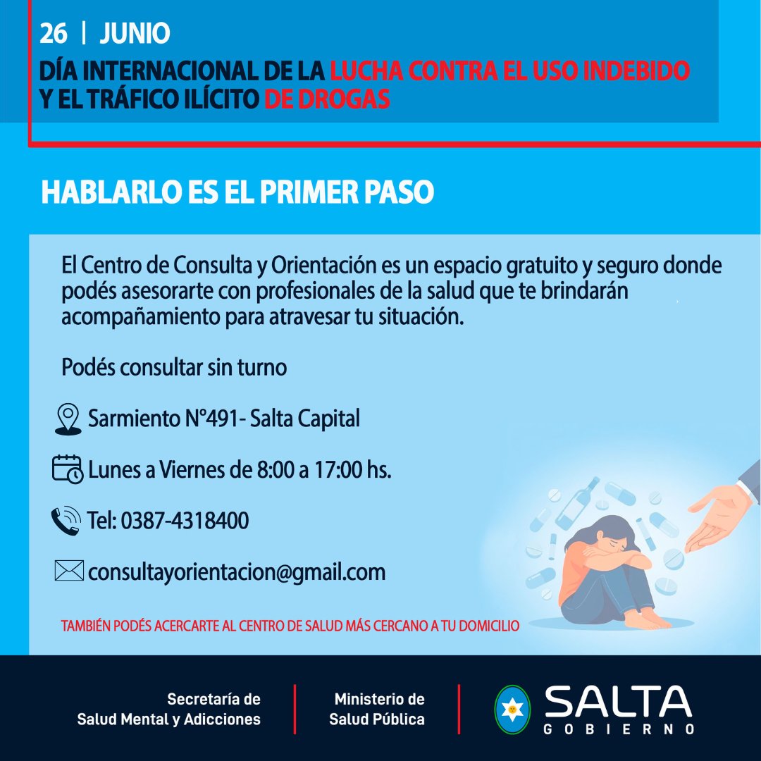 smentalsalta's tweet photo. 🗓 26 de Junio  “Día Mundial contra el Tráfico Ilícito y el Uso Indebido de Drogas”

🫂Elegimos otra cosa, elegimos cuidarnos

🗣Hablarlo es el primer paso

🏨Podes acercarte al centro de salud más cercano a tu domicilio

#diamundialcontraeltraficoilicitoyelusoindebidodedrogas https://t.co/qOXPEpsV22