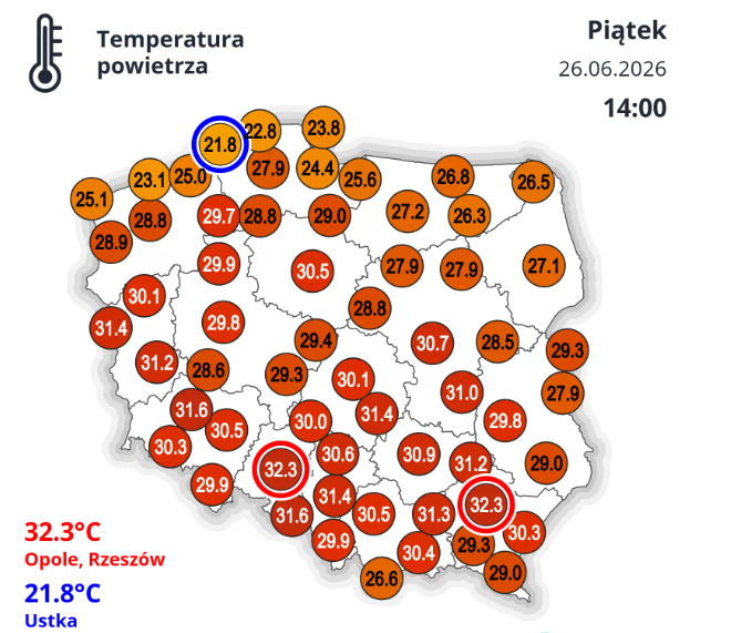 IMGWmeteo's tweet photo. Temperatura w Polsce o godzinie 14:00 
(stacje synoptyczne IMGW)

https://t.co/tBq6AJFvlF

#IMGW #IMGWPIB #Ostrzeżenia #Upał #Pogoda #TemperaturaPowietrza https://t.co/zw0oBC7Qfg