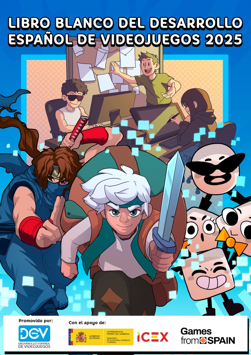 dev_es's tweet photo. 🔵 La portada del #LibroBlancoDEV 2025, ilustrada por @pauululuh, rinde homenaje a "Los equipos detrás del videojuego español".

@DigitalSunGames, @TheGameKitchen y @PotiPotiStudio representan el crecimiento, el reconocimiento internacional y la creatividad en el desarrollo de #videojuegos en España

#gamedev #SomosDEV