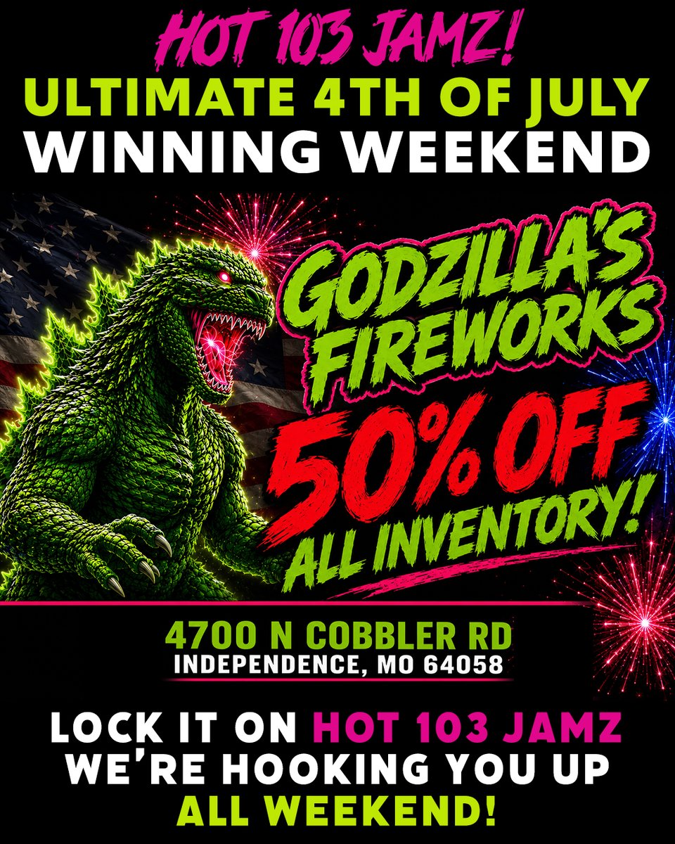 Hot103Jamz's tweet photo. It's time to CELEBRATE with the Hot 103 Jamz ULTIMATE 4th of JULY Winning Weekend
with Godzilla's Fireworks! Half the Price, ALL THE BOOM!!! Lock it on Hot 103 Jamz because we're hooking YOU up with Godzilla's Fireworks Gift Cards ALL WEEKEND! PLUS - Every winner automatically qualifies for the $250 Grand Prize! Fueled by Godzilla's Fireworks... Half the Price, ALL THE BOOM! Motion City Smoke Shop... All Gas, NO TRASH! And Kansas City's NUMBER ONE for Hip-Hop, R&B, and throwbacks for your 4th of July... Hot 103 Jamz!