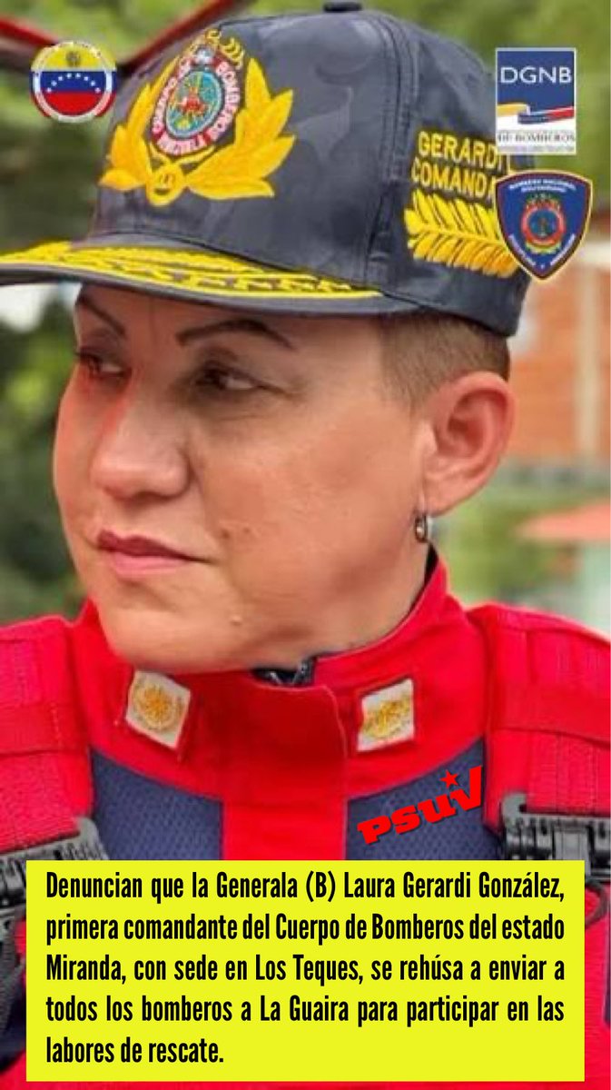 pipogonza's tweet photo. Esta es la Generala (B) Laura Gerardi González, primera comandante del Cuerpo de Bomberos del estado Miranda se negó a sacar a los bomberos para ayudar en la Guaira esto es crimen de Leza humanidad hagamos la famosa a esta HDP https://t.co/wf9JJmAvku