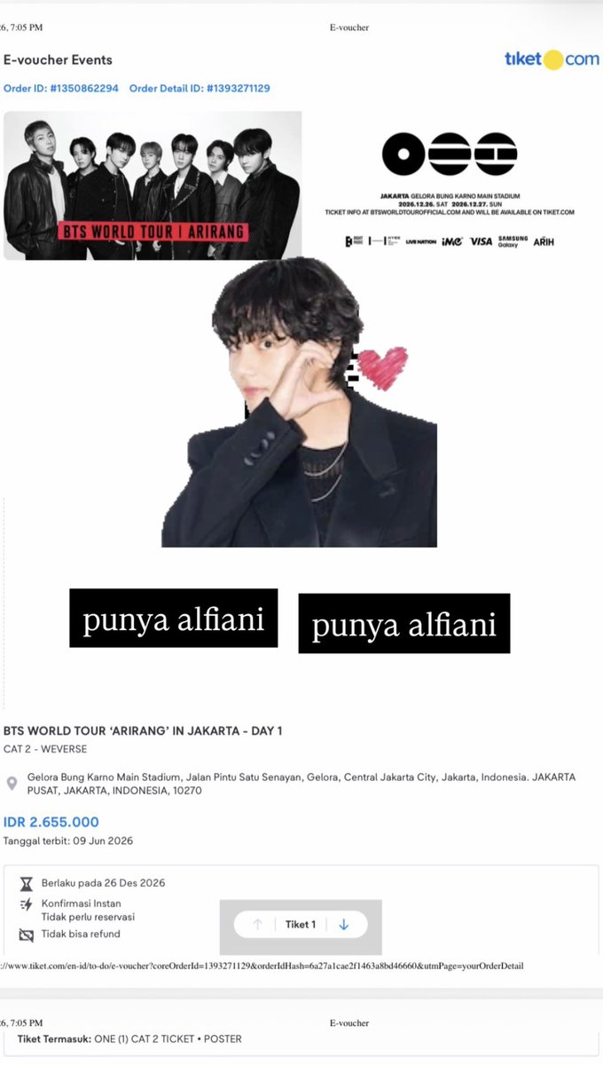 iannisarizka's tweet photo. wts BTS Arirang - 1 tiket day 1, cat 2

✨full payment
✨proof ready
✨akan dimasukin ke group, karena 1 pembelian ini ada 4 tiket
✨ diurus sampe wb

dm ya kalo berminat❤️ https://t.co/XWB7QB7Ia0