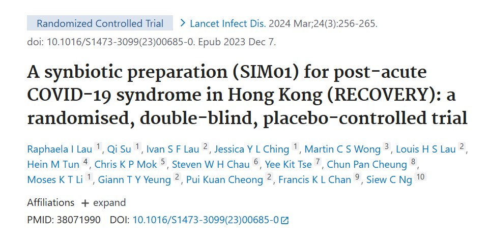 Neuroscope_mp's tweet photo. A randomized controlled trial just tested this.

463 Long COVID patients. Synbiotic targeting gut bacteria (SIM01) vs placebo. 6 months.

Results (Lancet Infectious Diseases 2024):

Difficulty concentrating: 62% vs 39% alleviated ✓
Memory loss: 42% vs 27% ✓
Fatigue: 63% vs 43% ✓

Pulmonary symptoms: no significant difference.

The gut fixed the brain symptoms. Not the lungs. That tells us something.