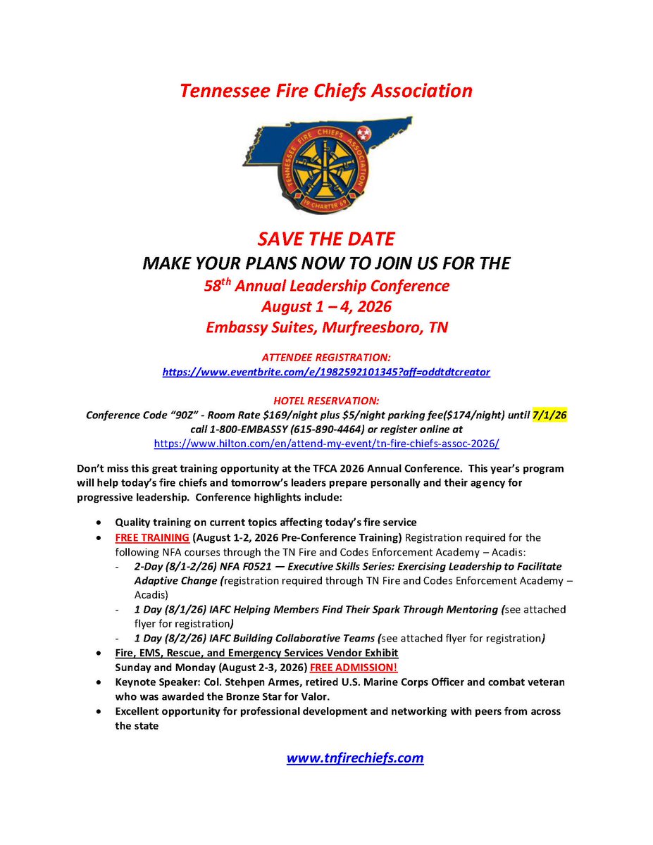 Tennfirechiefs's tweet photo. ATTENDEE REGISTRATION:
https://t.co/kb8BLoHSIl
HOTEL RESERVATION: Conference Code “90Z” - Room Rate $169/night plus $5/night parking fee($174/night) until 7/1/26
call 1-800-EMBASSY (615-890-4464) or register online at
https://t.co/PUqC8ouFyd https://t.co/ZkaTl0x2Do