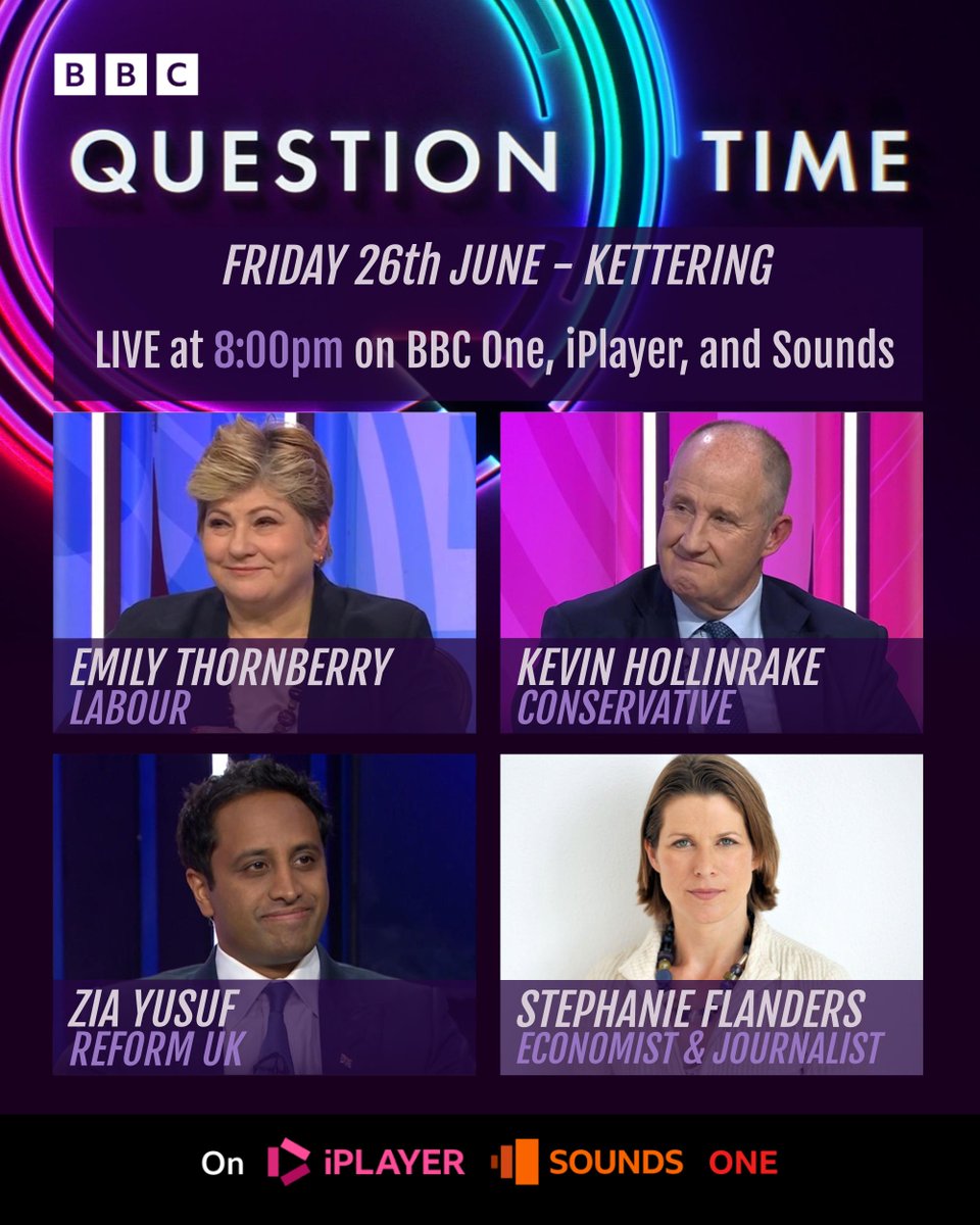 bbcquestiontime's tweet photo. Tonight, join Question Time for a special programme from Kettering

On the panel: Emily Thornberry, Kevin Hollinrake, Zia Yusuf, and Stephanie Flanders

LIVE at 8pm on @BBCOne, @BBCiPlayer, and @BBCSounds, and streaming on TikTok and YouTube via @BBCNews

#bbcqt https://t.co/EyzZ5gEZ2B