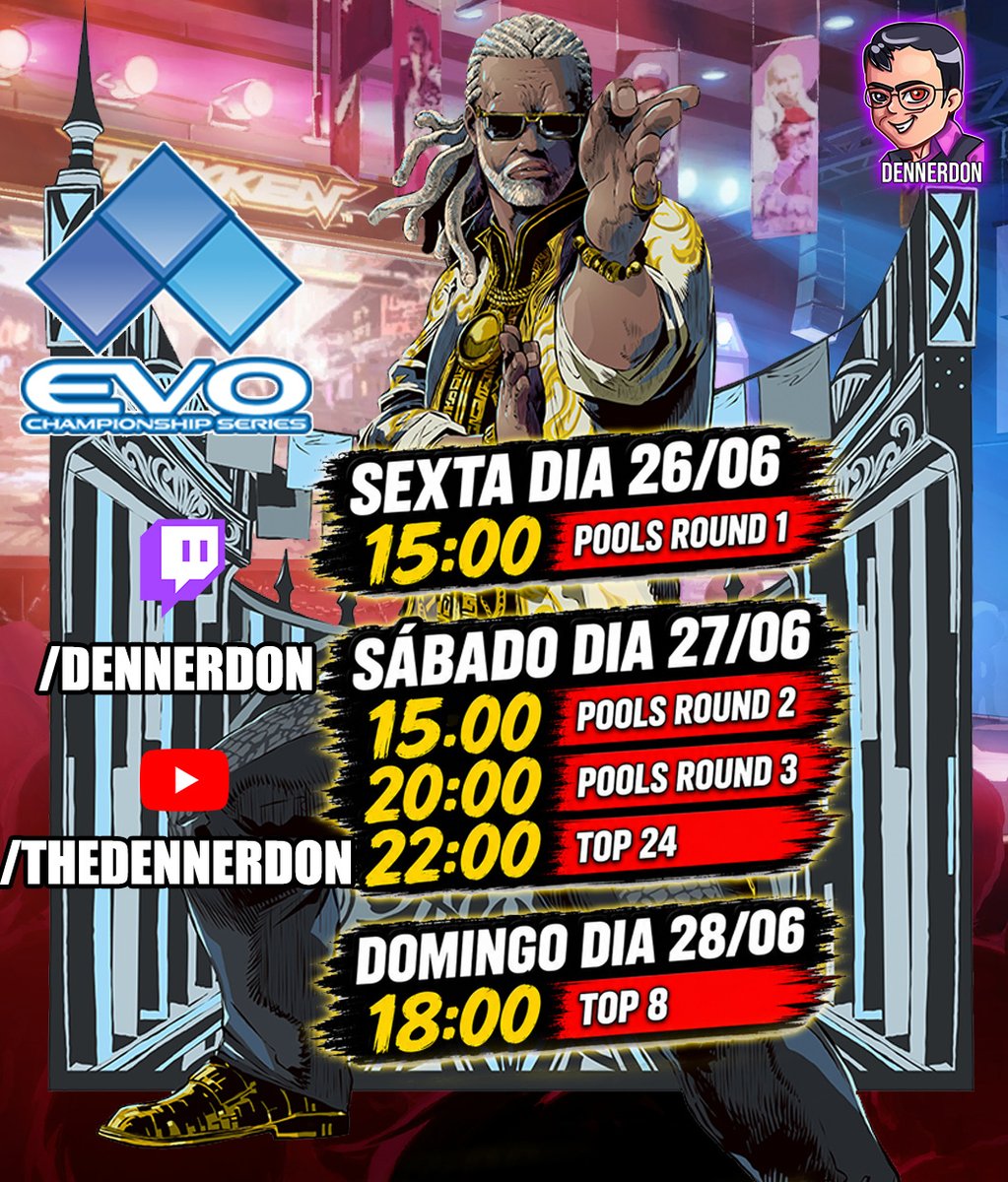 DennerFoca's tweet photo. Salve povo!

Lembrando que hj começa a evo e pra ver Full Tekken é comigo e com o @xsamael777 

Segue os horários aaki do cronograma do Tekken 8 e vamos reagir ao possível trailer do Marvel Tokon em uma pausa e tbm tem trailer confirmado do bob no domingo. Espero vcs lá! https://t.co/sGO3ePPDCK