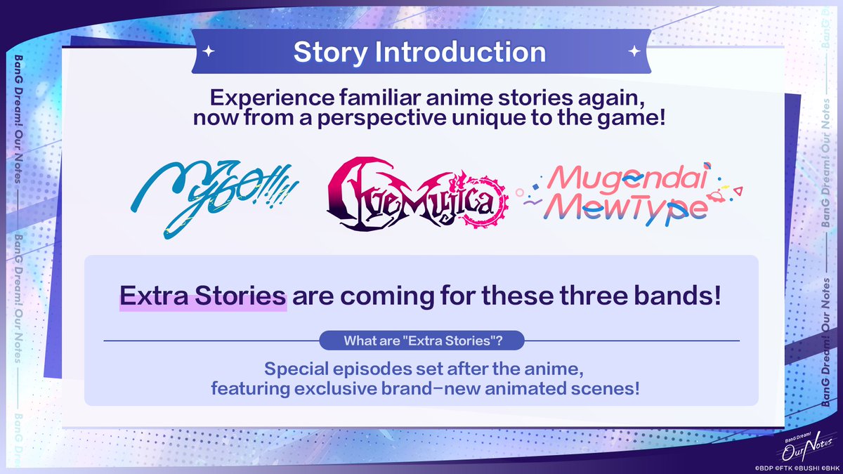 bangdreamon_EN's tweet photo. Story Content Overview 📚

Extra Stories are coming for MyGO!!!!!, Ave Mujica, and Mugendai MewType, featuring new stories set after the events of the anime! 🎉
Extra Stories will include exclusive, all-new short anime episodes! ✨

#BanGDream #OurNotes https://t.co/x9HjnIs14e