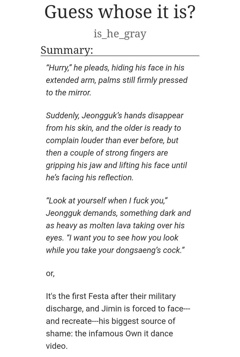 is_he_gray's tweet photo. 𝙂𝙪𝙚𝙨𝙨 𝙬𝙝𝙤𝙨𝙚 𝙞𝙩 𝙞𝙨? | #jikook

📹 Explicit | 11K | Complete
📹 Canon compliant | Festa '25
📹 Own It video | Post-military fic
📹 PWP | Practice room sex
📹 Top!JK | Bttm!JM

🔗: https://t.co/JHCvEfFerK https://t.co/DQOAFUqE0Y