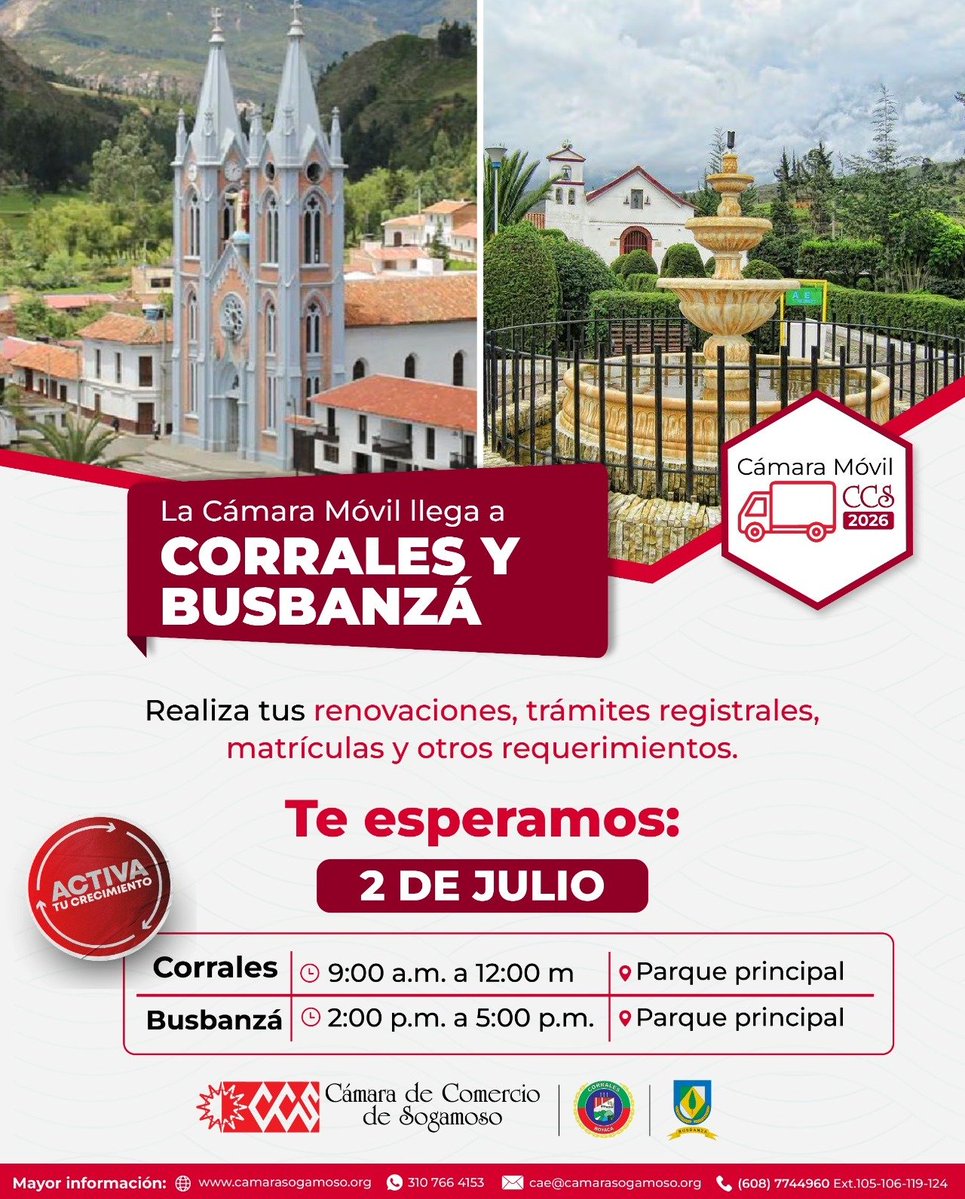 corralesboyaca's tweet photo. 📢💙 ¡La Cámara Móvil llega a Corrales!

Este 2 de julio podrás realizar tus renovaciones, matrículas y trámites registrales de manera fácil y directa.

⏰ 9:00 a.m. – 12:00 m
📍 Parque Principal de Corrales

https://t.co/UWUC7yqXSh https://t.co/31DjH3P5Y5