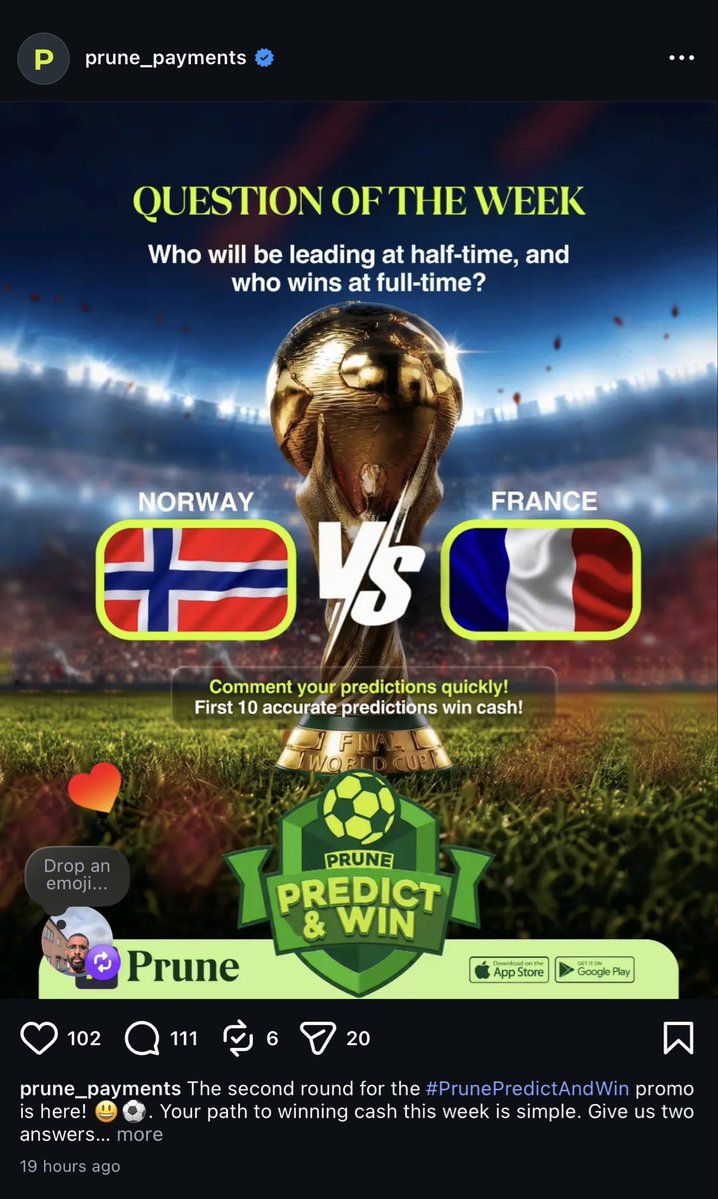 the_Lawrenz's tweet photo. If you think you know how Norway 🇳🇴 vs France 🇫🇷 ends, head over to @prunepayments and drop your prediction in the comments.

Just answer: • Who leads at half-time? • Who wins at full-time?

The first 10 correct predictions get rewarded. Good luck! ⚽️🔥

#PrunePredictAndWin https://t.co/zi5LAiFkZ9