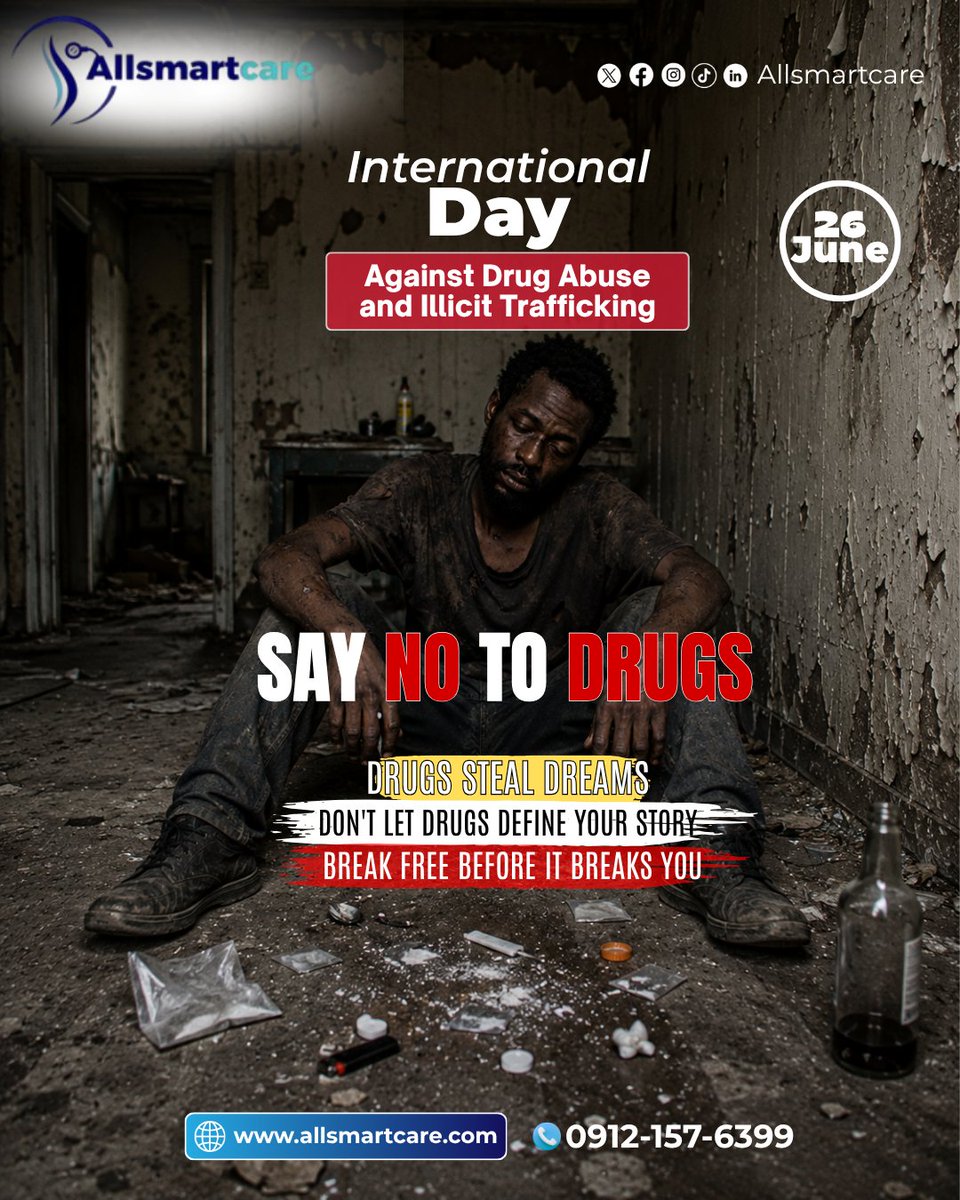 Allsmartcare_'s tweet photo. We stand together to say NO to drug abuse and illicit trafficking. 

Our lives deserves a chance to thrive, free from addiction and its devastating impact. 

Together, we can rise and build healthier communities.
#InternationalDayAgainstDrugAbuse  #Allsmartcare https://t.co/dalXFQLRqJ