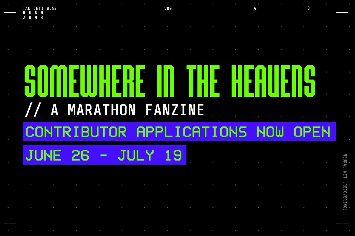 marathonzine26's tweet photo. >> ALERT: CONTRIBUTOR APPS NOW OPEN

>> It's finally time, Runners! We are now accepting applications for WRITERS, ARTISTS, AND MERCH ARTISTS! The forms will remain open thru JULY 19. Good luck, and see you Tau Ceti-side!

>> 🔗 + GUIDELINES BELOW

[ #marathongame #marathonart ] https://t.co/J2WZnpqOsa