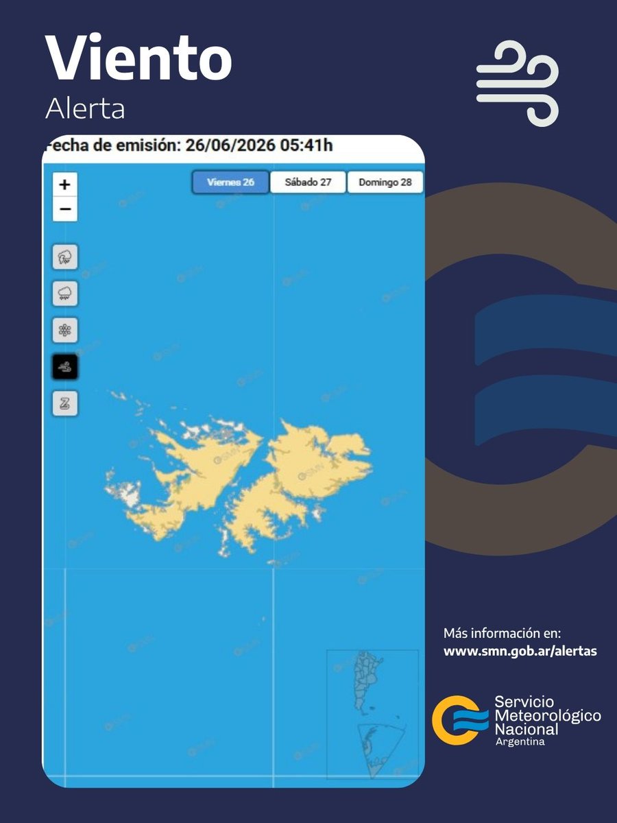SMN_Argentina's tweet photo. 26 JUN I ⚠️ #Alertas para hoy:

🥶 Temperaturas extremas: #frío ⚠️
🟧 Efecto moderado a alto en la salud
🟨 Efecto leve a moderado en la salud

🌬️ Viento
🟨 40-60 km/h con ráfagas ≥ 90 km/h

📲 Más info en 👉 https://t.co/GRjfngFWuF https://t.co/HwtbEak1zH
