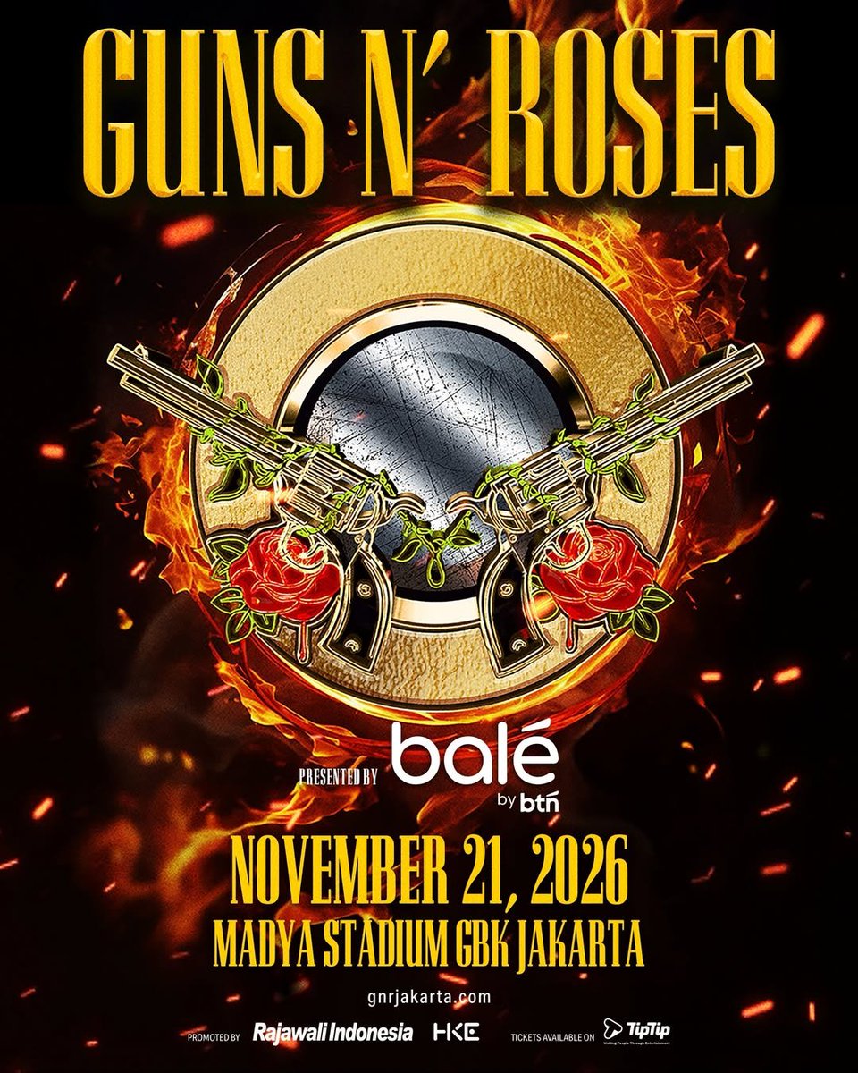 GNFI's tweet photo. Band rock legendaris Guns N' Roses yang dikenal lewat lagu ikonik seperti Sweet Child O' Mine, November Rain, dan Welcome to the Jungle resmi kembali ke Indonesia.

Grup yang telah mewarnai sejarah musik dunia ini akan tampil di Stadion Madya GBK, Jakarta pada 21 November 2026.

Siapa yang sudah tidak sabar menyaksikan penampilan mereka?