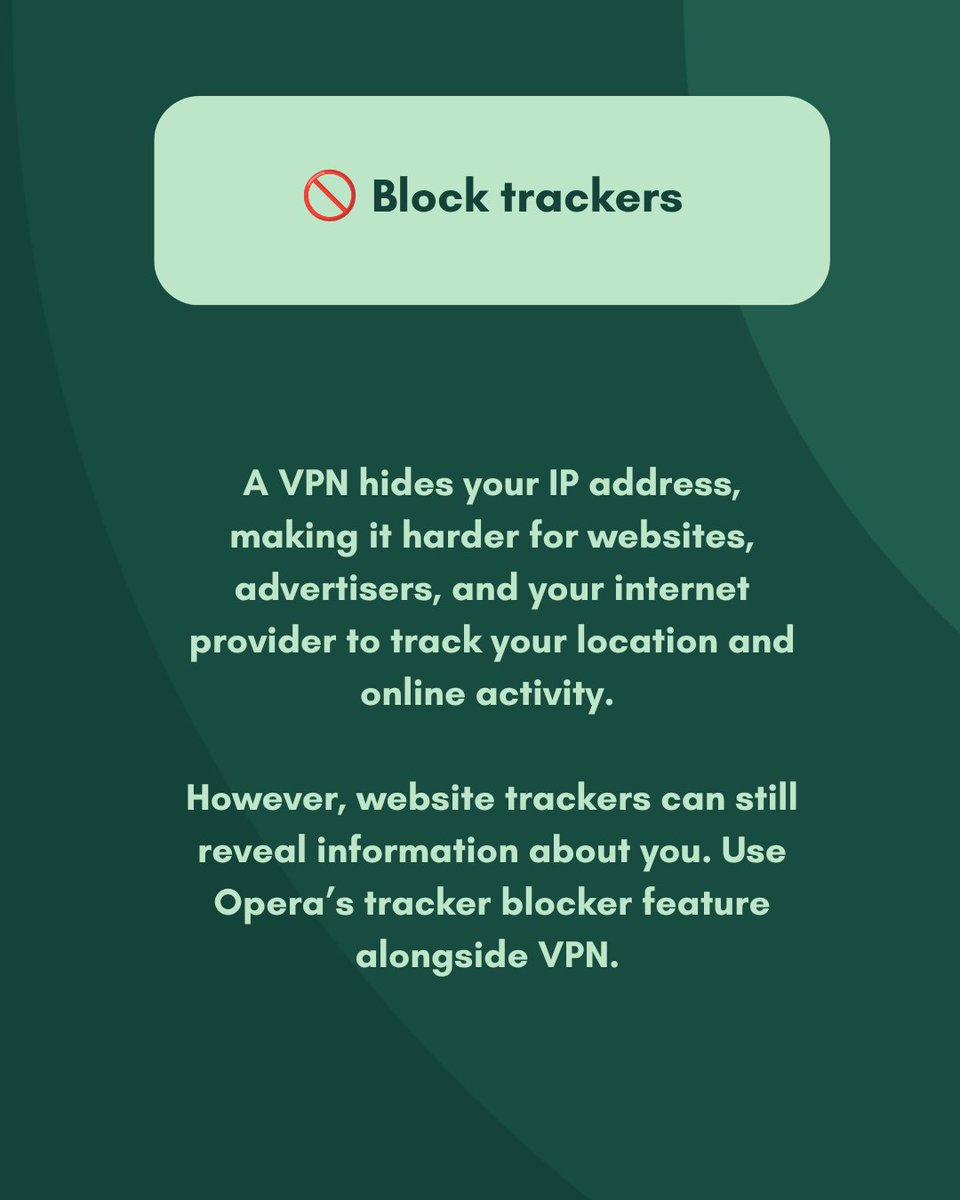 Opera_Security's tweet photo. How to get the most out of your VPN? 

VPNs are a great way to enhance your online privacy, but they're most effective when paired with good security habits.

Keep these tips in mind to get the most out of your VPN and better protect yourself online.

Read more about what VPNs can do and what they cannot do: https://t.co/DBrR0mUWyx