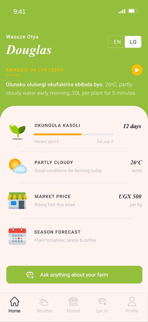 SolafamUganda's tweet photo. Our farmers are already using Predictive local language Lyn AI to:
• Schedule irrigation efficiently across shared equipment
• Anticipate weather risks before they happen
• Make informed decisions on when to plant, harvest, and sell. https://t.co/joM22Ht5A9