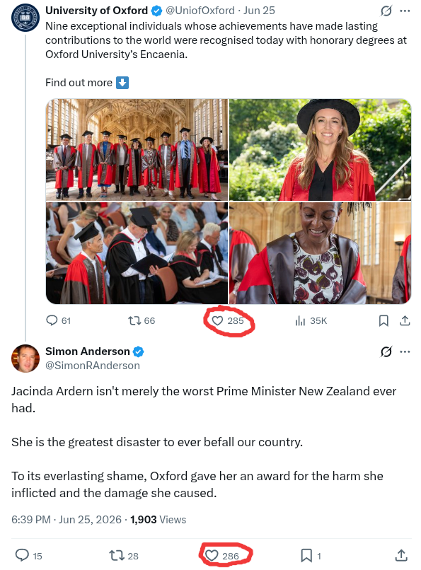 SimonRAnderson's tweet photo. Hey @UniofOxford!

When your reputation laundering for the tyrant Jacinda Ardern causes so much outrage your X account with over a million followers gets ratioed by some nobody in the South Pacific, it's time to consider withdrawing the faux award and apologising to her victims.