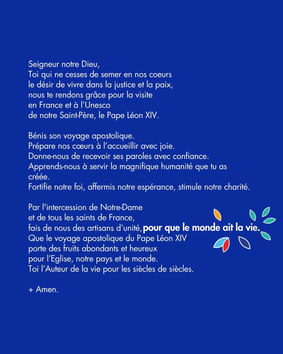 Eglisecatho's tweet photo. Les évêques de France ont  la joie de faire connaître la devise retenue pour le voyage apostolique du #PapeFrance : « Pour que le monde ait la vie », inspirée de l’Évangile selon saint Jean, au chapitre 6.
Tous les fidèles de France sont invités à réciter une prière en famille, en paroisse, en communauté. « La venue du Pape chez nous est une grâce que Dieu fait à la France, a répété à plusieurs reprises le cardinal Jean-Marc Aveline, président de la Conférence des évêques de France. Que l’Esprit Saint nous habille le cœur, afin d’être disponibles à ce que Dieu voudra donner à notre Église et à notre pays à la faveur de la venue chez nous du Successeur de Pierre ! » .