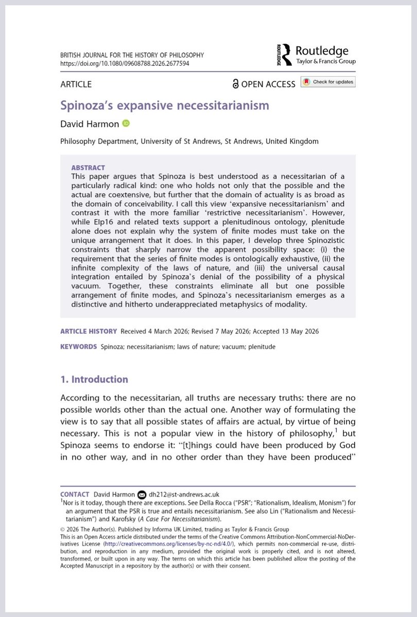 1part_harmony's tweet photo. Very happy to share that my paper, "Spinoza's Expansive Necessitarianism," has been published open access in the British Journal for the History of Philosophy. Turns out when you have a wild metaphysics, as Spinoza does, you also get a pretty wild ontology. https://t.co/uBYd7eCU1I