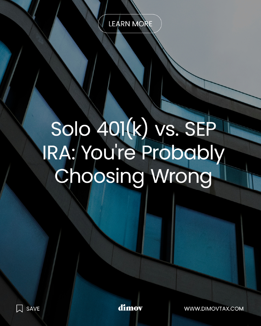 GeorgeDimovCPA's tweet photo. Solo 401(k) or SEP IRA? Most self-employed people pick one without really understanding the trade-offs, and the wrong call can cost thousands over time. A Solo 401(k) lets you save more and even borrow from it, but comes with more paperwork. A SEP IRA keeps things simple and flexible if you might hire down the road. This choice follows you for 30 years, so it's worth getting right from day one. Not sure which fits? Message us and we'll walk you through it.

🌐 https://t.co/pQrXm2VFSY
📞 866-436-5089

#Solo401k #SEPIRA #SelfEmployed #RetirementPlanning #SmallBusinessFinance