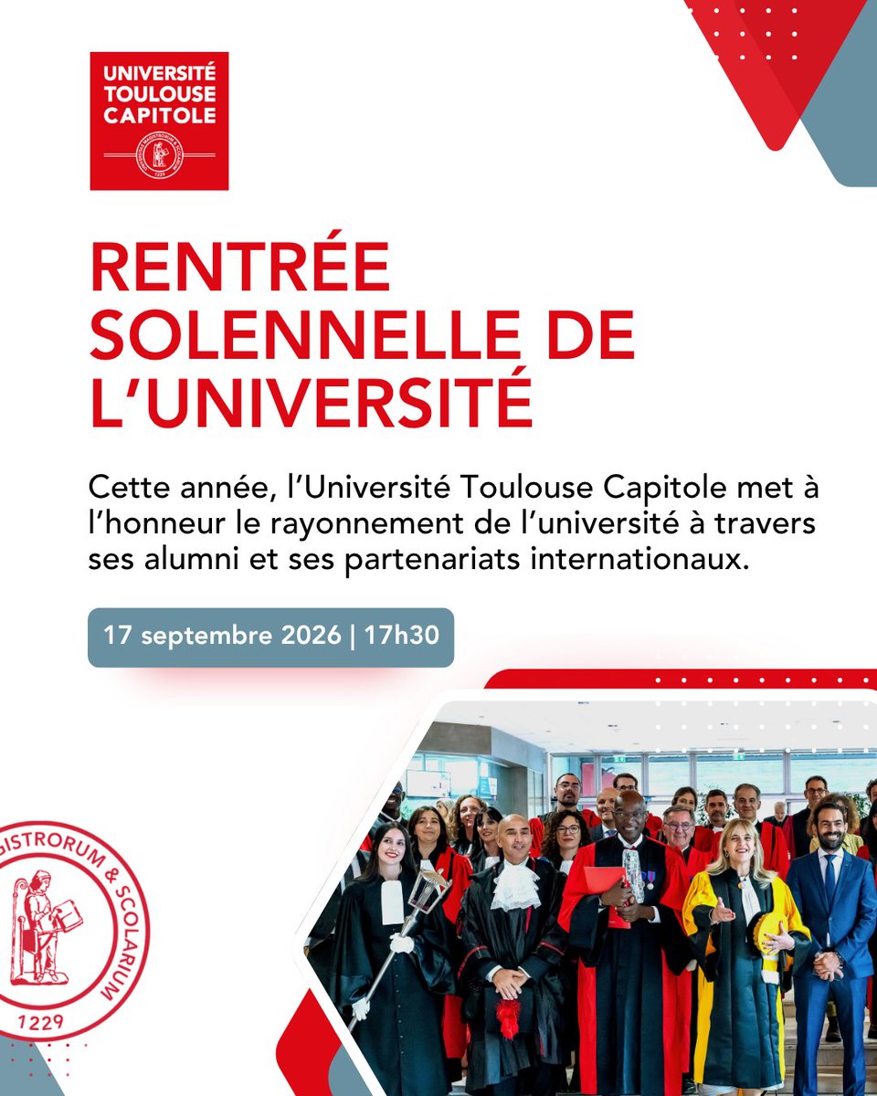 UTCapitole's tweet photo. 🔴 Rentrée solennelle 2026 d'#UTCapitole : la date est fixée !

🗓️ 17 septembre 2026
🕰️ 17h30
📍 Amphi Despax, à l’Arsenal

Vous n’êtes pas membre d’UT Capitole mais vous souhaitez participer à la cérémonie ? Contactez la Direction de la communication : dircom@ut-capitole.fr https://t.co/UMmrtKJ6BG