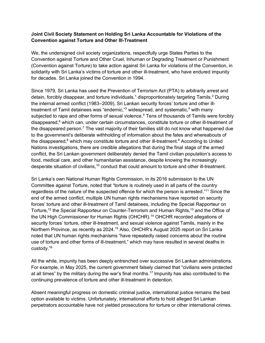 PEARL_Action's tweet photo. Today, on the International Day in Support of Victims of Torture, PEARL and eight civil society organizations — @amnesty  @forum_asia  @theACIJ , Global Centre for the Responsibility to Protect, @hrw , @NewlinesInst , @SLcampaign , and @SLPJustice  — urge States Parties to the Convention against Torture to take action against Sri Lanka.